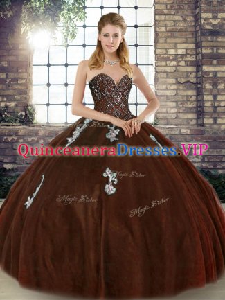Floor Length Lace Up Quinceanera Gowns Brown for Military Ball and Sweet 16 and Quinceanera with Beading and Appliques