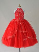 Affordable Sleeveless Tulle Floor Length Lace Up Little Girls Pageant Dress in Red with Beading and Appliques