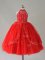 Affordable Sleeveless Tulle Floor Length Lace Up Little Girls Pageant Dress in Red with Beading and Appliques