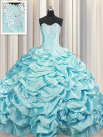 Edgy Brush Train Lace Up Sweet 16 Quinceanera Dress Aqua Blue for Military Ball and Sweet 16 and Quinceanera with Beading and Pick Ups Sweep Train