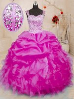 Glittering Fuchsia Lace Up Quinceanera Gown Beading and Ruffles and Pick Ups Sleeveless Floor Length(SKU PSSW0195-3BIZ)