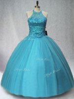 Halter Top Sleeveless 15th Birthday Dress Floor Length Beading Teal Tulle