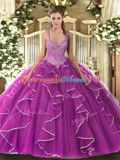 Superior Sleeveless Tulle Floor Length Lace Up Quinceanera Gowns in Fuchsia with Beading - Click Image to Close