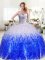 Pretty Sleeveless Organza Floor Length Lace Up Quinceanera Gown in Blue And White with Beading and Ruffles