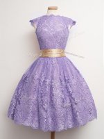 High-neck Cap Sleeves Court Dresses for Sweet 16 Knee Length Belt Lavender Lace