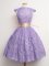 High-neck Cap Sleeves Court Dresses for Sweet 16 Knee Length Belt Lavender Lace