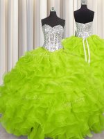 Popular Beading and Ruffles 15th Birthday Dress Yellow Green Lace Up Sleeveless Floor Length