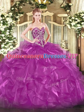 Fuchsia Organza Lace Up Quinceanera Dresses Sleeveless Floor Length Beading and Ruffles
