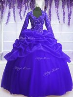 Royal Blue Organza Zipper V-neck Long Sleeves Floor Length Quinceanera Gown Sequins and Pick Ups