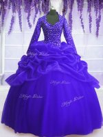 Royal Blue Organza Zipper V-neck Long Sleeves Floor Length Quinceanera Gown Sequins and Pick Ups(SKU PSSW092-10BIZ)