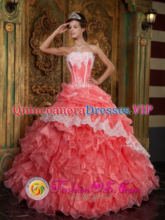 Middleburg Heights Ohio/OH Fabulous Waltermelon New Style Arrival Strapless Ruffles Quinceanera Dress with Appliques Decorate