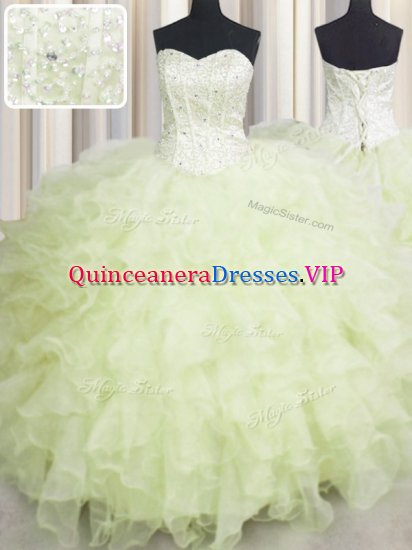 Yellow Green Ball Gowns Beading and Ruffles Quinceanera Dresses Lace Up Organza Sleeveless Floor Length - Click Image to Close