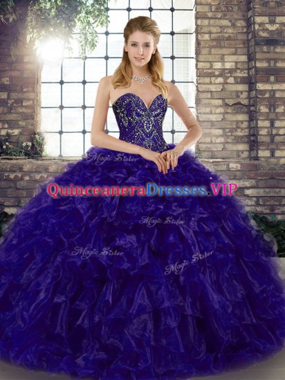 Stunning Floor Length Lace Up Quince Ball Gowns Purple for Military Ball and Sweet 16 and Quinceanera with Beading and Ruffles - Click Image to Close
