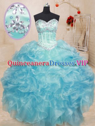 Romantic Aqua Blue Lace Up Sweet 16 Quinceanera Dress Beading and Ruffles Sleeveless Floor Length