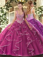 Tulle Straps Sleeveless Lace Up Beading Ball Gown Prom Dress in Fuchsia