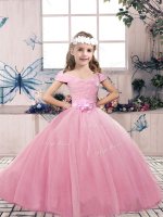 Off The Shoulder Sleeveless Child Pageant Dress Floor Length Lace and Bowknot Pink Tulle
