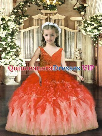 Rust Red Sleeveless Tulle Backless Little Girls Pageant Dress Wholesale for Party and Sweet 16 and Wedding Party