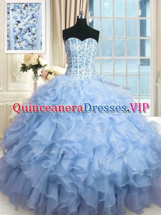 Elegant Light Blue Sleeveless Floor Length Beading and Ruffles and Sequins Lace Up Ball Gown Prom Dress