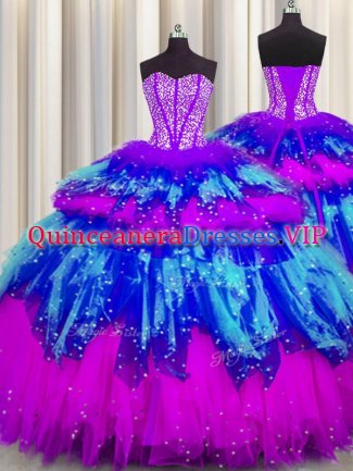 Fashionable Bling-bling Visible Boning Beading and Ruffles and Ruffled Layers and Sequins Sweet 16 Quinceanera Dress Multi-color Lace Up Sleeveless Floor Length