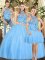 Sophisticated Sleeveless Tulle Floor Length Lace Up Quince Ball Gowns in Baby Blue with Embroidery