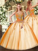 Traditional Sleeveless Tulle Floor Length Lace Up Sweet 16 Quinceanera Dress in Gold with Beading(SKU SJQDDT1091002BIZ)