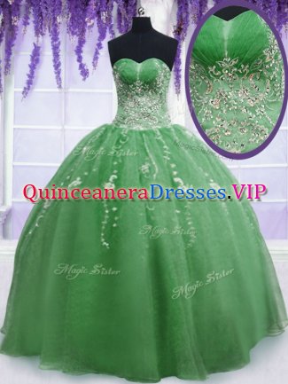 Flirting Floor Length Green 15 Quinceanera Dress Organza Sleeveless Beading
