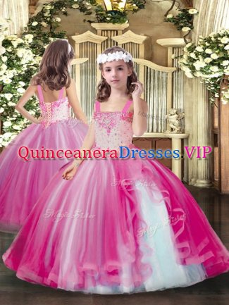 Hot Pink Straps Neckline Beading Little Girl Pageant Dress Sleeveless Lace Up