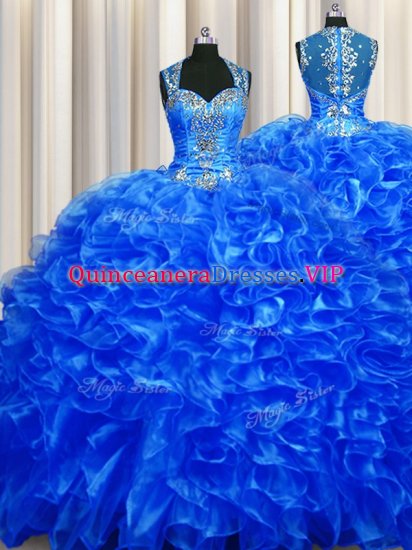 Adorable Zipper Up See Through Back Royal Blue Straps Neckline Beading and Ruffles Sweet 16 Quinceanera Dress Sleeveless Zipper - Click Image to Close