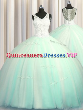 Big Puffy Zipper Up Apple Green Sleeveless Brush Train Beading and Appliques With Train Ball Gown Prom Dress