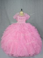 Hot Selling Sleeveless Floor Length Beading and Ruffles Lace Up Quince Ball Gowns with Baby Pink