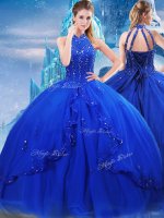 Brush Train Ball Gowns Ball Gown Prom Dress Royal Blue High-neck Tulle Sleeveless Lace Up