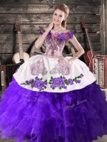 Luxury Sleeveless Organza Floor Length Lace Up Quince Ball Gowns in Purple with Embroidery and Ruffles