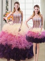 Edgy Three Piece Sweetheart Sleeveless Quince Ball Gowns Floor Length Beading and Ruffles Multi-color Organza