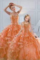 Orange Ball Gowns Organza Sweetheart Sleeveless Beading and Ruffled Layers Lace Up Sweet 16 Quinceanera Dress