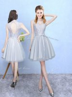 Knee Length Lace Up Vestidos de Damas Silver for Wedding Party with Lace