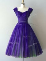Fantastic Purple Lace Up V-neck Ruching Vestidos de Damas Chiffon Cap Sleeves