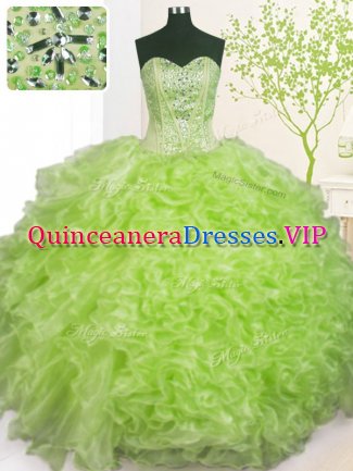 Sleeveless Organza Floor Length Lace Up Quinceanera Dresses in Yellow Green with Beading and Ruffles and Pick Ups