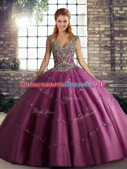 Fuchsia Ball Gowns Tulle Straps Sleeveless Beading and Appliques Floor Length Lace Up Sweet 16 Dresses - Click Image to Close