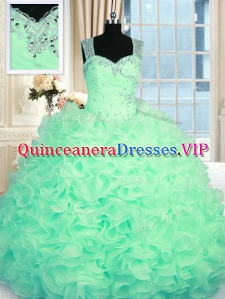 Modest Apple Green Organza Zipper Juniors Party Dress Sleeveless Floor Length Beading and Ruffles