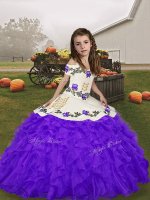 Fashion Purple Ball Gowns Embroidery and Ruffles Little Girls Pageant Gowns Lace Up Organza Sleeveless Floor Length