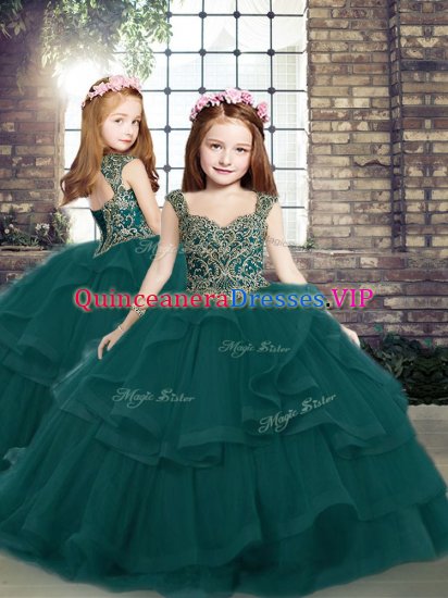 Affordable Peacock Green Ball Gowns Tulle Straps Sleeveless Beading and Ruffles Floor Length Lace Up Little Girls Pageant Dress Wholesale - Click Image to Close
