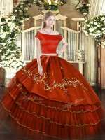Rust Red Vestidos de Quinceanera Military Ball and Sweet 16 and Quinceanera with Embroidery and Ruffled Layers Off The Shoulder Short Sleeves Zipper(SKU SJQDDT1574002-1BIZ)