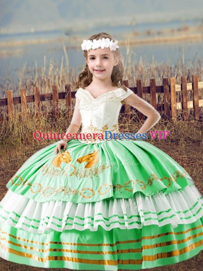 Green Satin Lace Up Off The Shoulder Sleeveless Floor Length Pageant Dress for Teens Embroidery - Click Image to Close