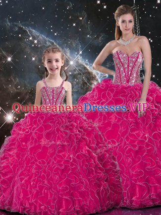 Exquisite Hot Pink Lace Up Sweet 16 Dresses Beading and Ruffles Sleeveless Floor Length