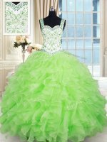 Straps Sleeveless 15th Birthday Dress Floor Length Beading and Ruffles Yellow Green Organza