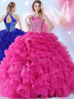 Hot Pink Ball Gowns Halter Top Sleeveless Organza Floor Length Lace Up Beading and Ruffles Sweet 16 Dress