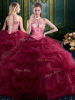 Halter Top Wine Red Ball Gowns Beading and Ruffles and Pick Ups Vestidos de Quinceanera Lace Up Tulle Sleeveless Floor Length