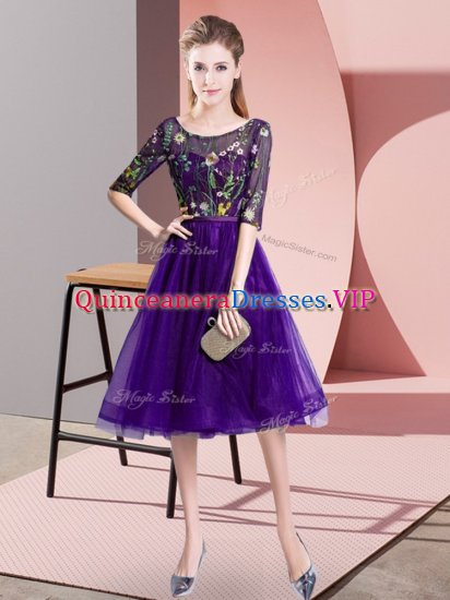 Knee Length Purple Dama Dress for Quinceanera Scoop Half Sleeves Lace Up - Click Image to Close