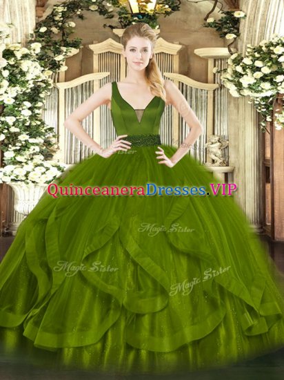 Floor Length Olive Green Quinceanera Dresses Tulle Sleeveless Beading and Ruffles - Click Image to Close