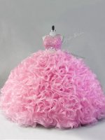 Fabric With Rolling Flowers Scoop Sleeveless Zipper Beading Quinceanera Gown in Pink